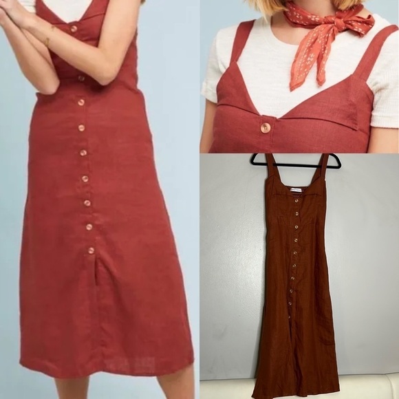 FAITHFULL THE BRAND LINEN A LINE MIDI DRESS FAUX BUTTON FRONT - Picture 1 of 8